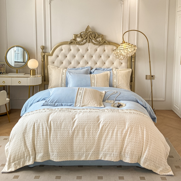 91家纺网 家纺一手货源 找家纺 ab家纺 2025新款邂逅高克重牛奶绒四件套 邂逅梦幻蓝