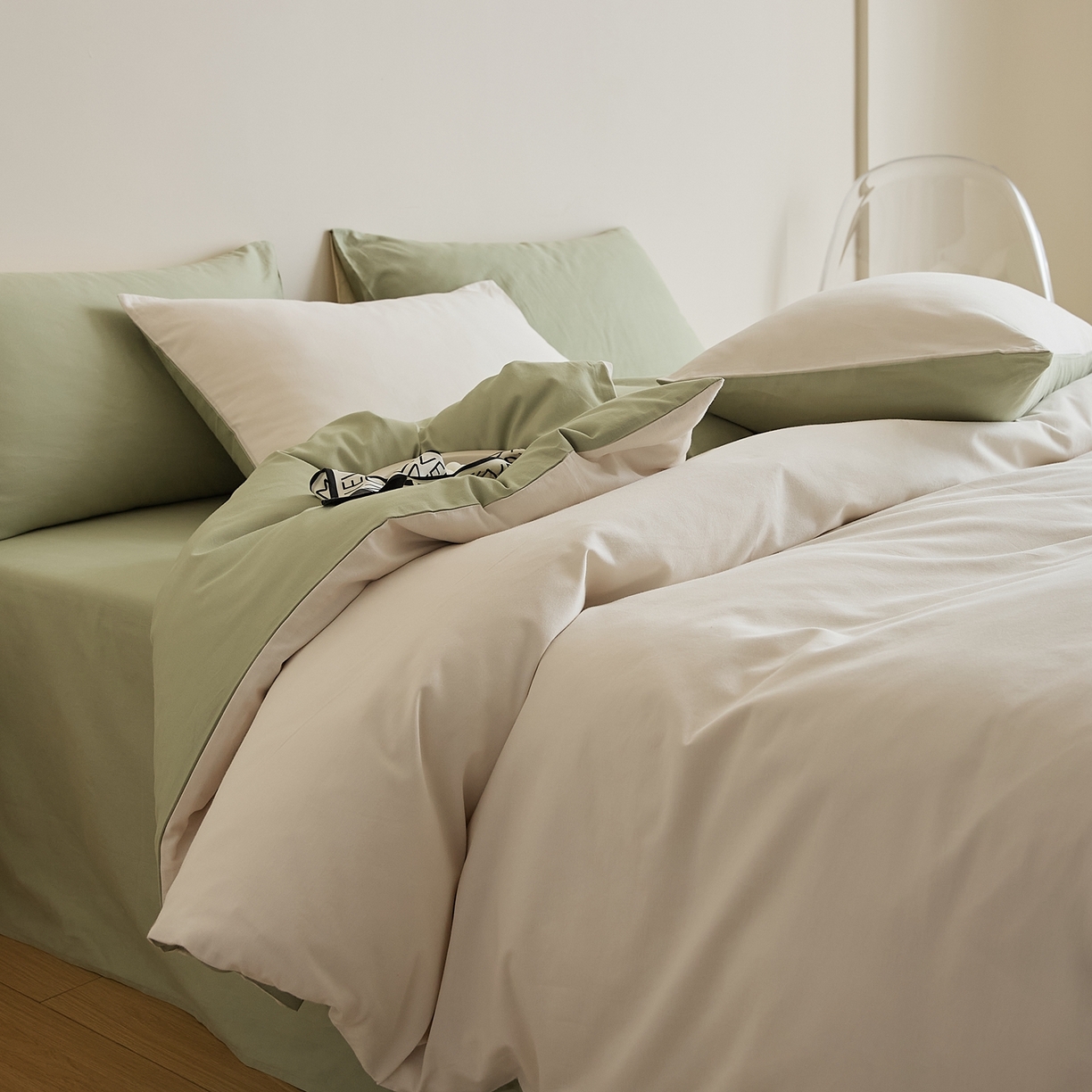 禾时 2025新款A类全棉纯棉贡缎磨毛双拼色四件套 玉林