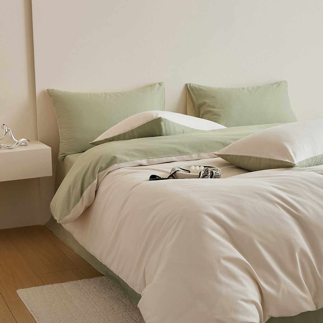 91家纺网 家纺一手货源 找家纺 禾时 2025新款A类全棉纯棉贡缎磨毛双拼色四件套 玉林