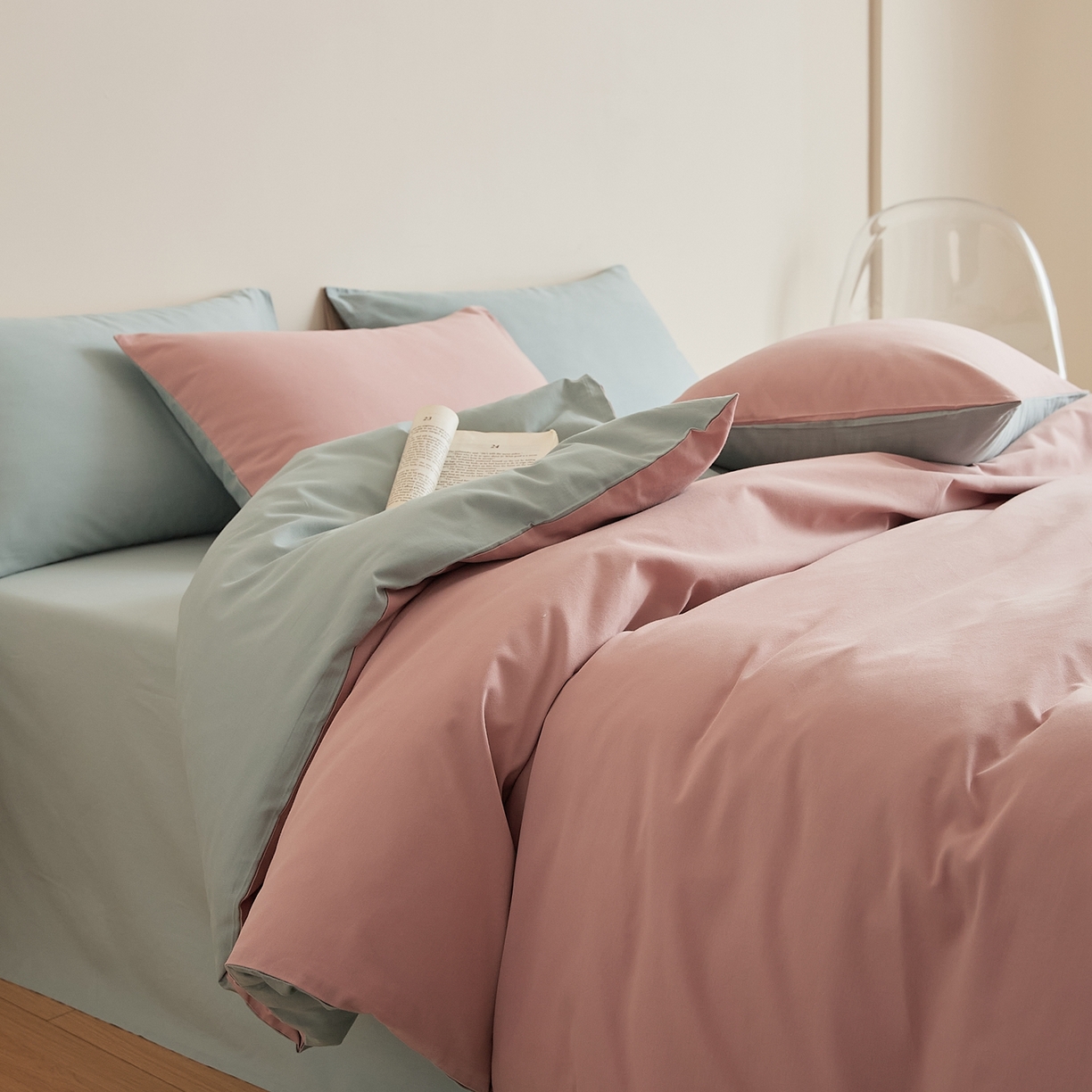 禾时 2025新款A类全棉纯棉贡缎磨毛双拼色四件套 紫黛