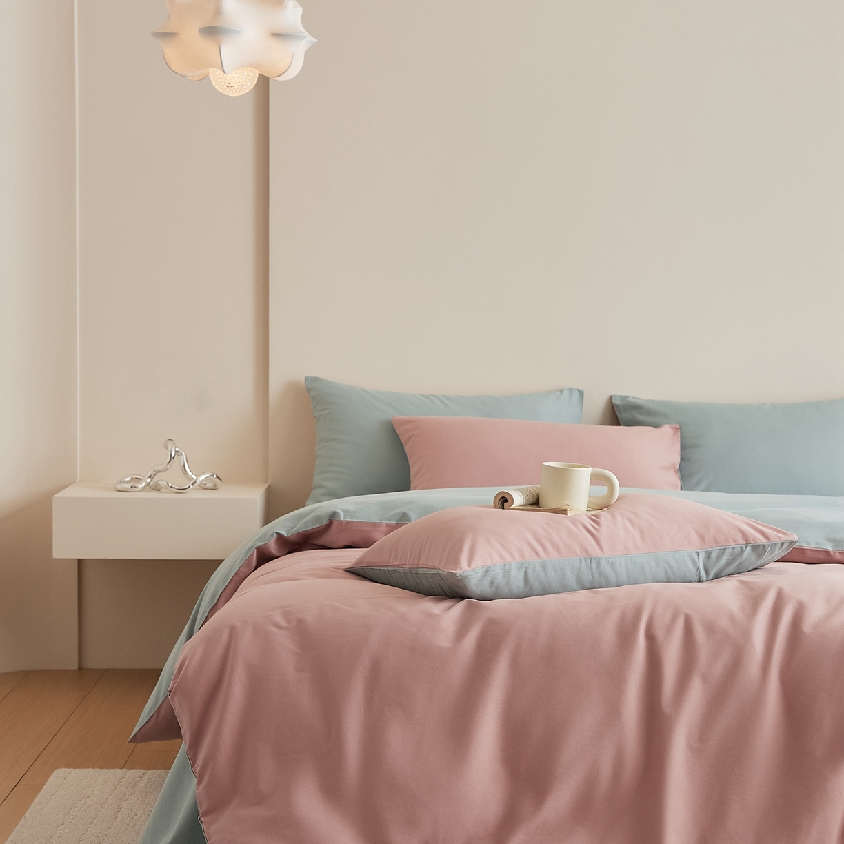 91家纺网 家纺一手货源 找家纺 禾时 2025新款A类全棉纯棉贡缎磨毛双拼色四件套 紫黛