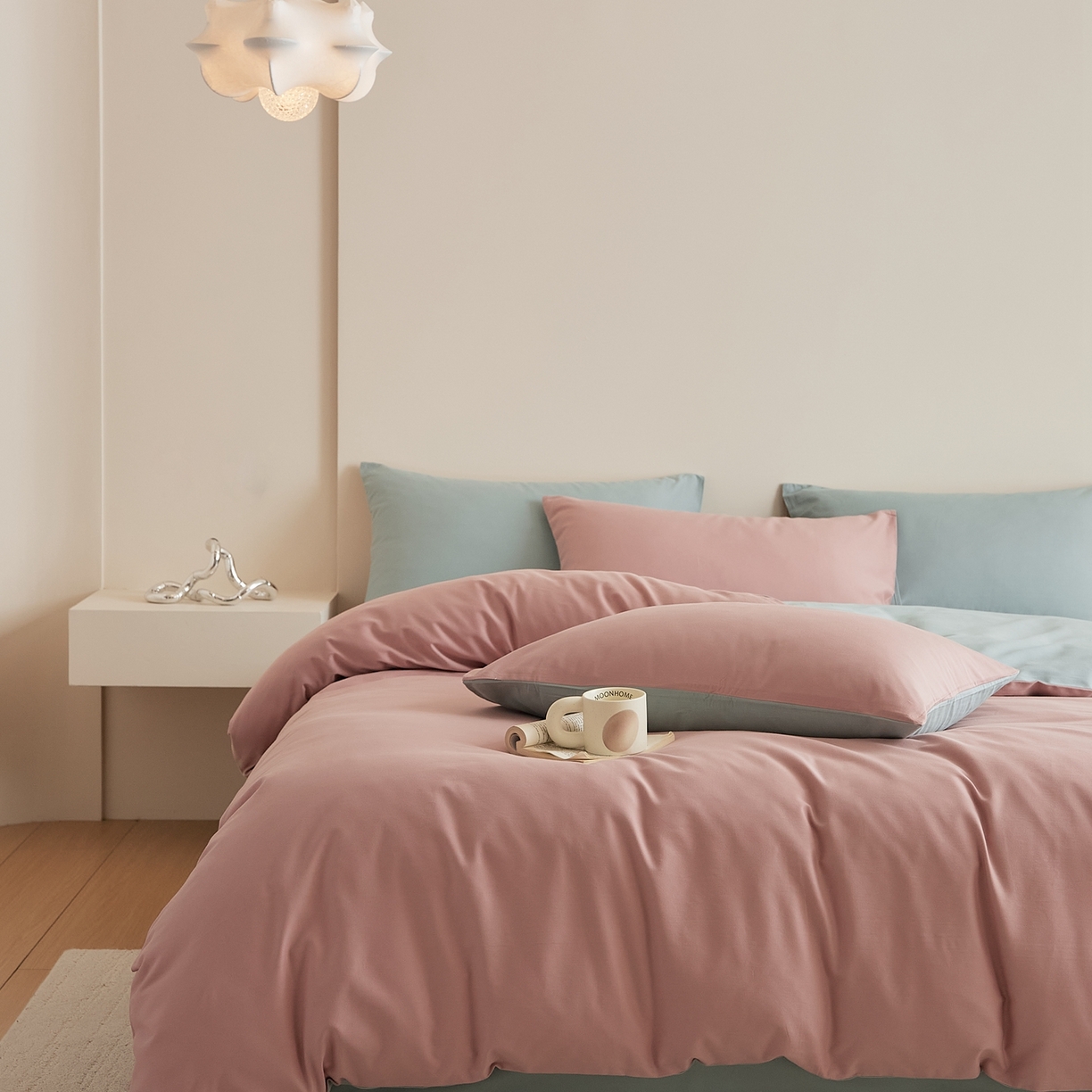 91家纺网 家纺一手货源 找家纺 禾时 2025新款A类全棉纯棉贡缎磨毛双拼色四件套 紫黛