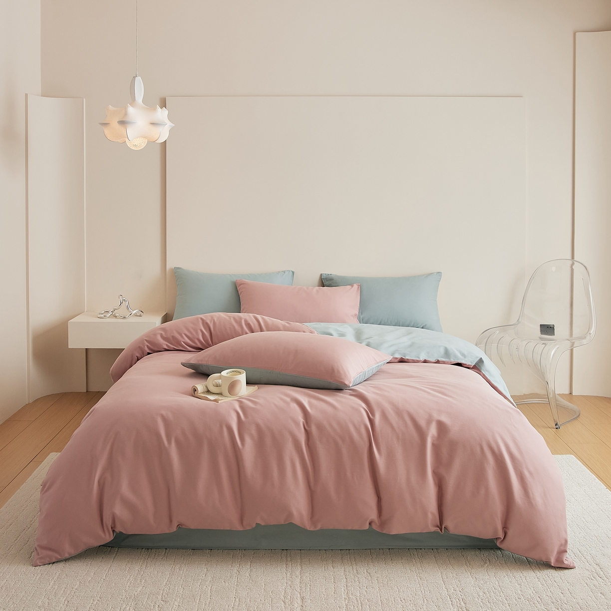 91家纺网 家纺一手货源 找家纺 禾时 2025新款A类全棉纯棉贡缎磨毛双拼色四件套 紫黛