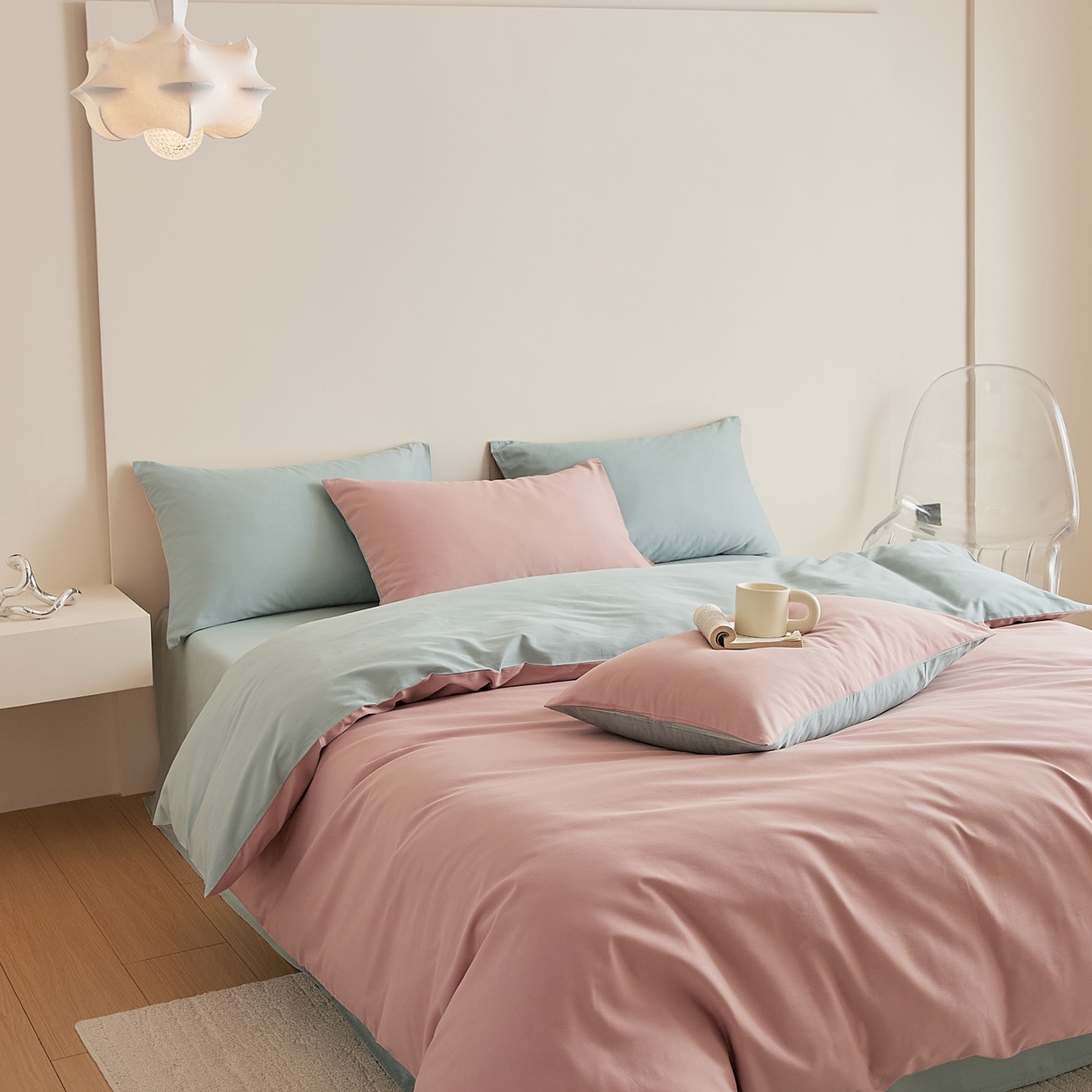 91家纺网 家纺一手货源 找家纺 禾时 2025新款A类全棉纯棉贡缎磨毛双拼色四件套 紫黛