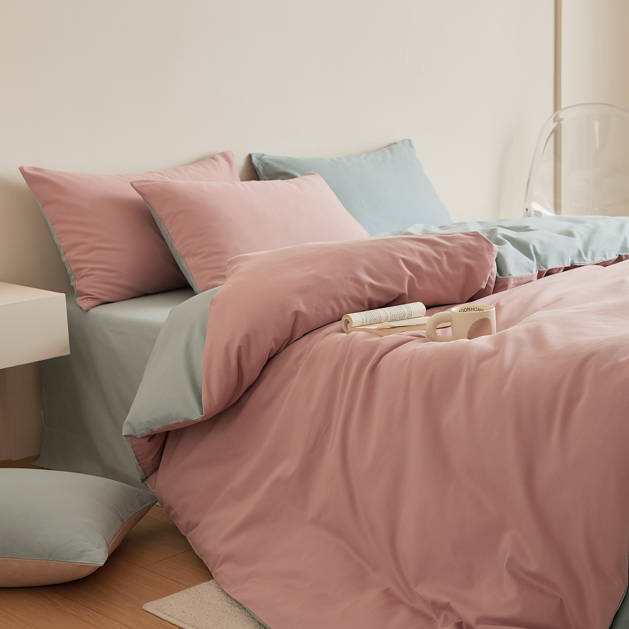 91家纺网 家纺一手货源 找家纺 禾时 2025新款A类全棉纯棉贡缎磨毛双拼色四件套 紫黛