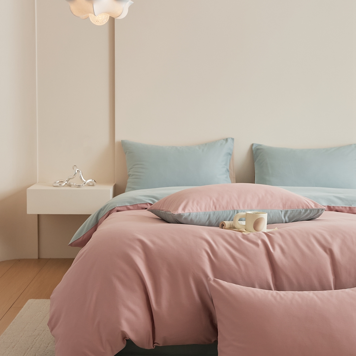 91家纺网 家纺一手货源 找家纺 禾时 2025新款A类全棉纯棉贡缎磨毛双拼色四件套 紫黛