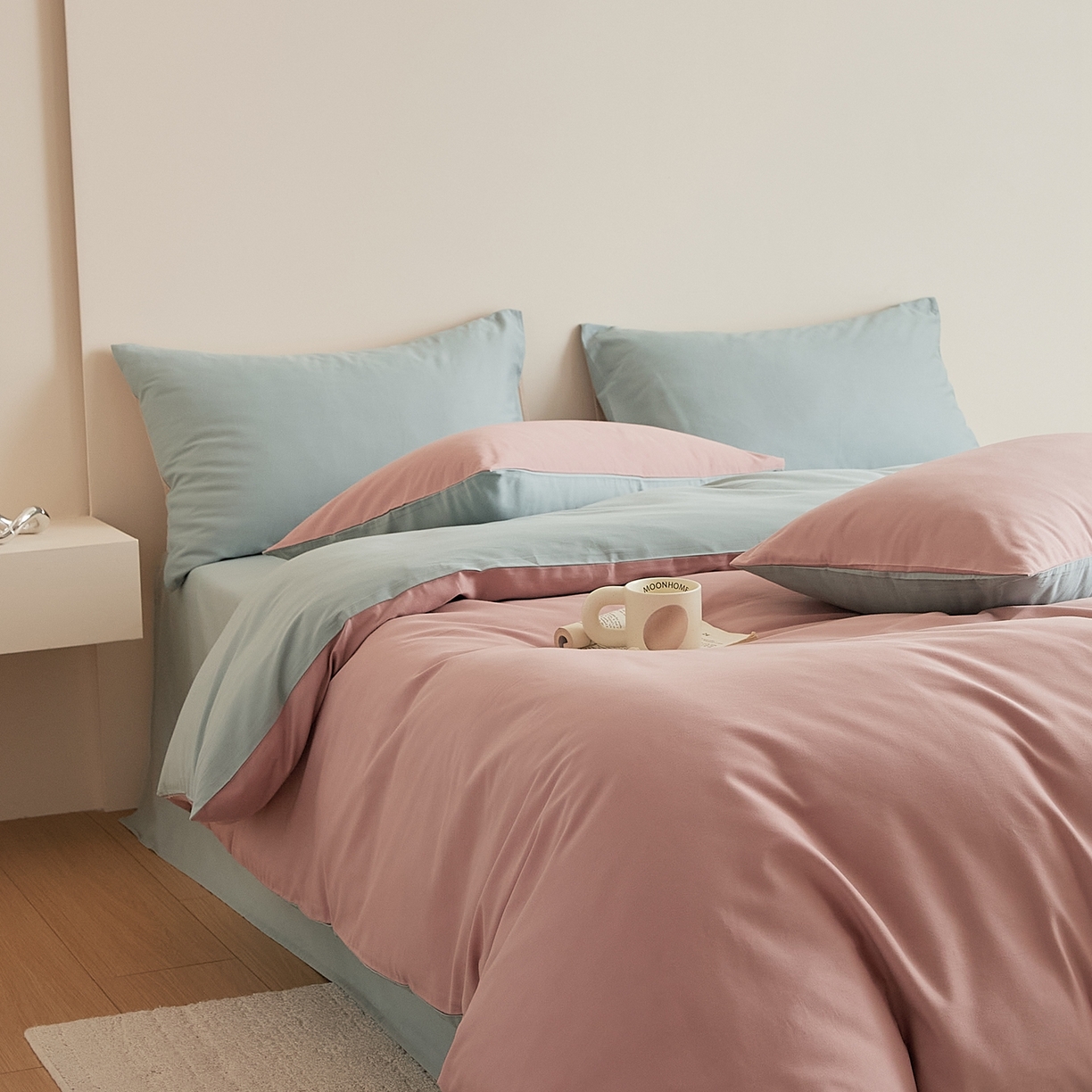 91家纺网 家纺一手货源 找家纺 禾时 2025新款A类全棉纯棉贡缎磨毛双拼色四件套 紫黛