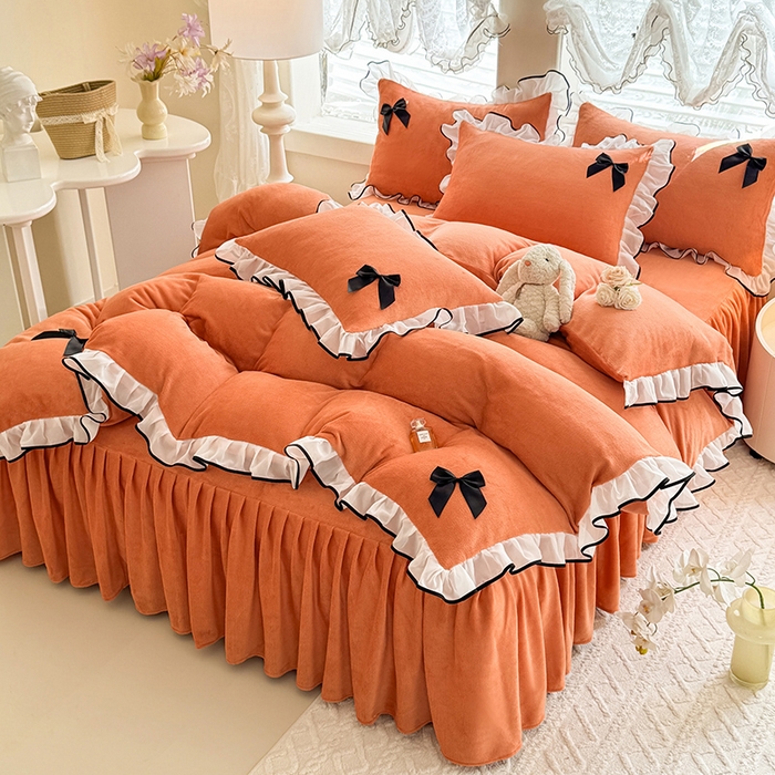 91家纺网 家纺一手货源 找家纺 莉莉安家纺 2025新款牛奶绒床裙四件套-潘多拉系列 潘多拉-橙