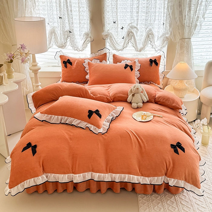 91家纺网 家纺一手货源 找家纺 莉莉安家纺 2025新款牛奶绒床裙四件套-潘多拉系列 潘多拉-橙