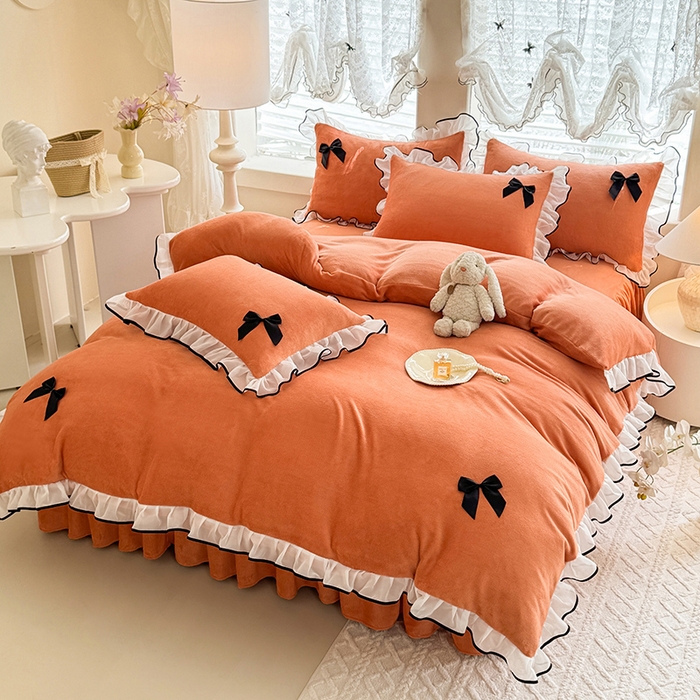 91家纺网 家纺一手货源 找家纺 莉莉安家纺 2025新款牛奶绒床裙四件套-潘多拉系列 潘多拉-橙