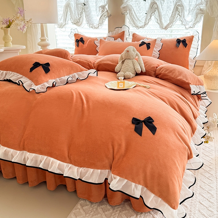91家纺网 家纺一手货源 找家纺 莉莉安家纺 2025新款牛奶绒床裙四件套-潘多拉系列 潘多拉-橙