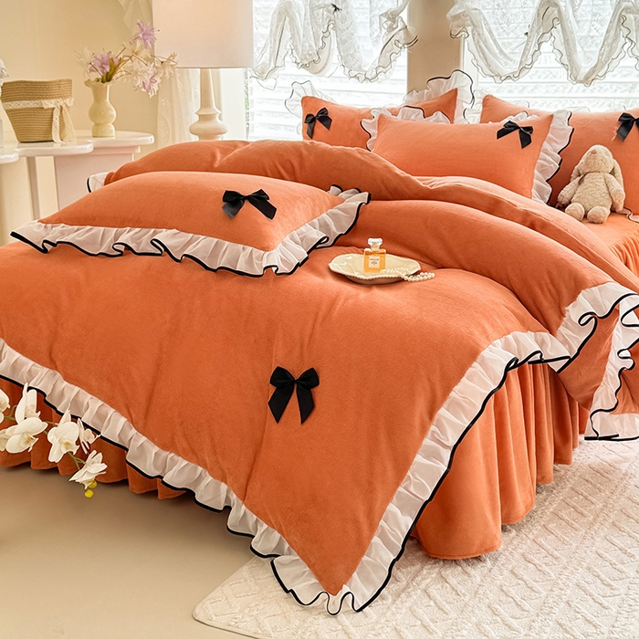 91家纺网 家纺一手货源 找家纺 莉莉安家纺 2025新款牛奶绒床裙四件套-潘多拉系列 潘多拉-橙