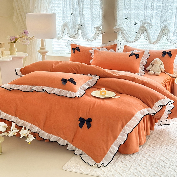 91家纺网 家纺一手货源 找家纺 莉莉安家纺 2025新款牛奶绒床裙四件套-潘多拉系列 潘多拉-橙