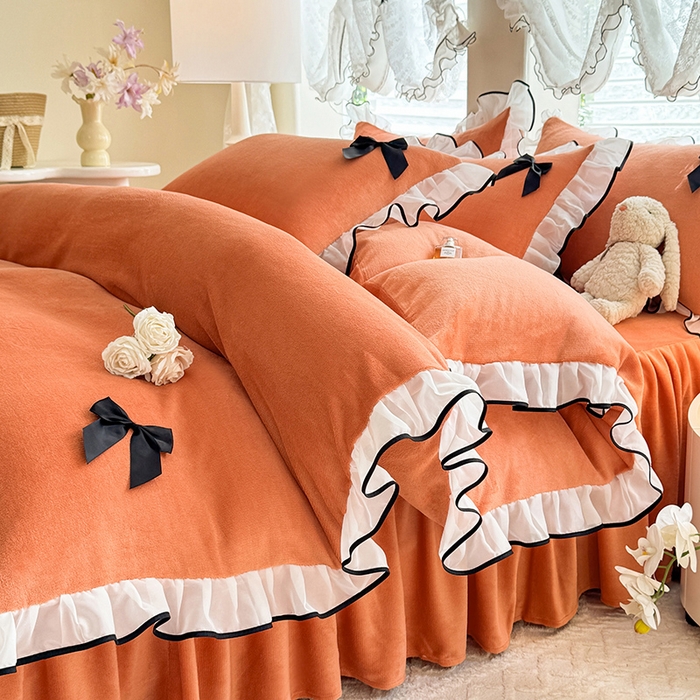 91家纺网 家纺一手货源 找家纺 莉莉安家纺 2025新款牛奶绒床裙四件套-潘多拉系列 潘多拉-橙