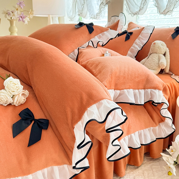 91家纺网 家纺一手货源 找家纺 莉莉安家纺 2025新款牛奶绒床裙四件套-潘多拉系列 潘多拉-橙