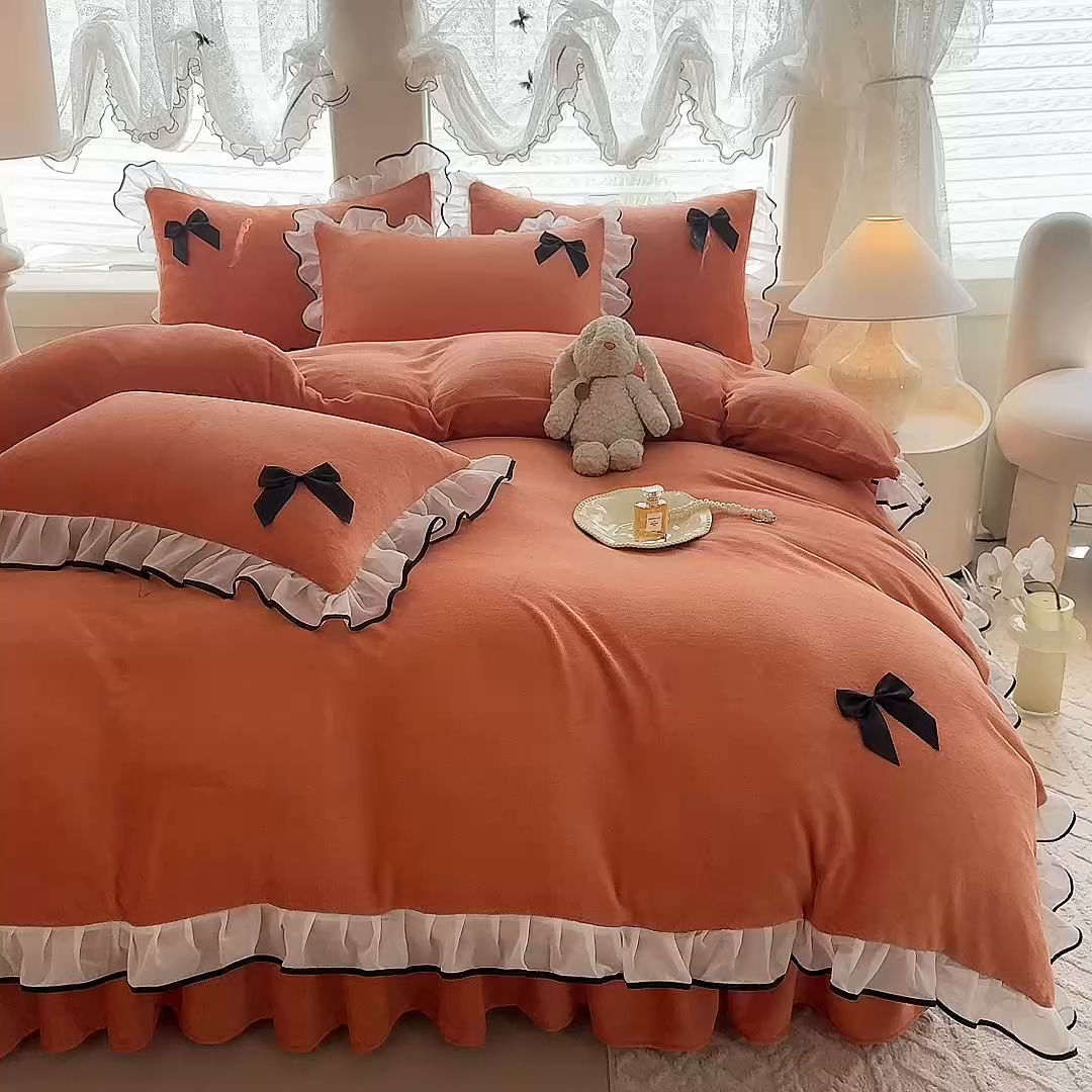 91家纺网 家纺一手货源 找家纺 莉莉安家纺 2025新款牛奶绒床裙四件套-潘多拉系列 潘多拉-橙