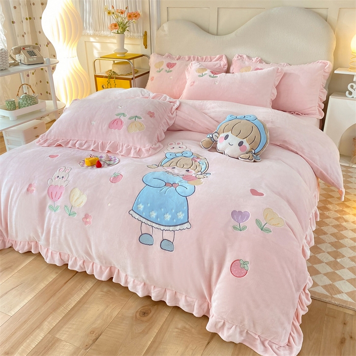 （总）绒棉世家 2025新款牛奶绒贴布绣四件套甜心女孩