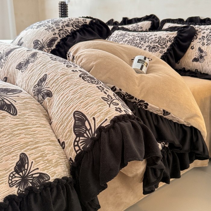 米莱家纺 2025新款牛奶绒烂花法式花边四件套 蝶舞