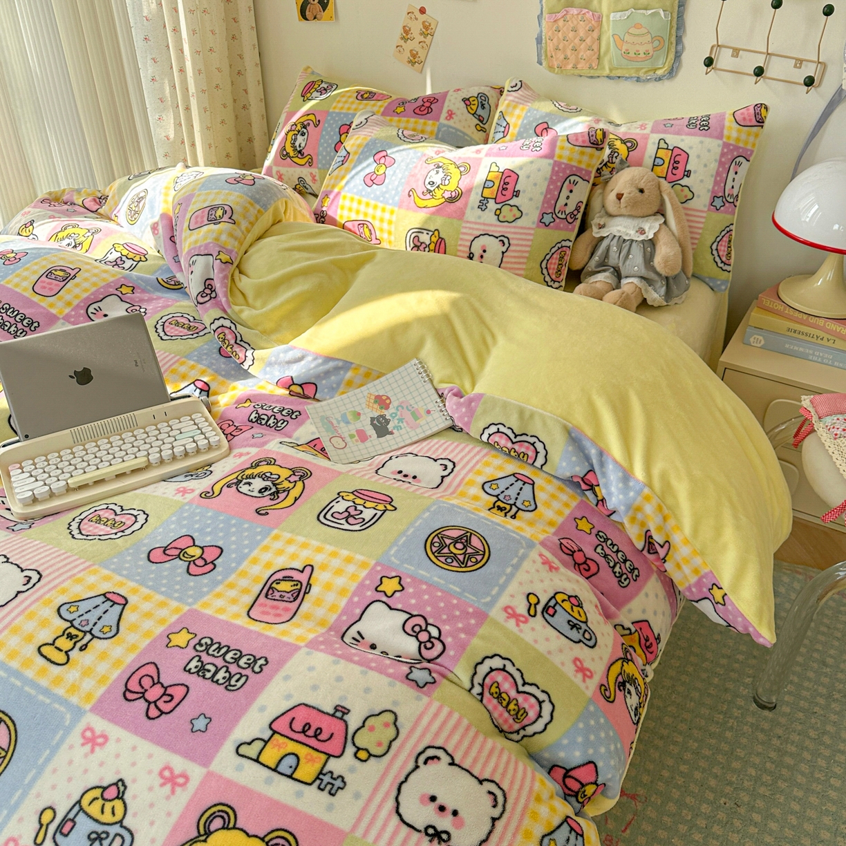 91家纺网 家纺一手货源 找家纺 韩巢家纺 2025新款双面高克重牛奶绒被套单件被罩 少女心