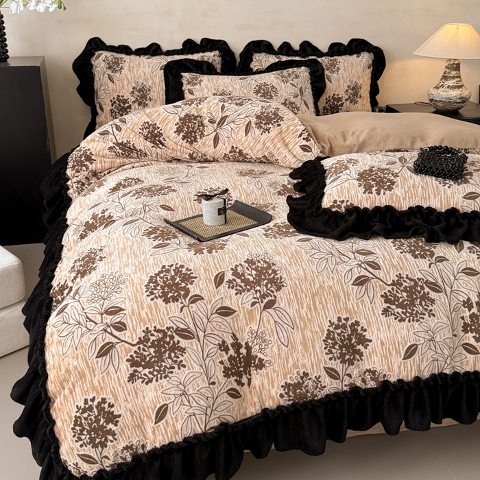 91家纺网 家纺一手货源 找家纺 米莱家纺 2025新款牛奶绒烂花法式花边四件套 曼塔