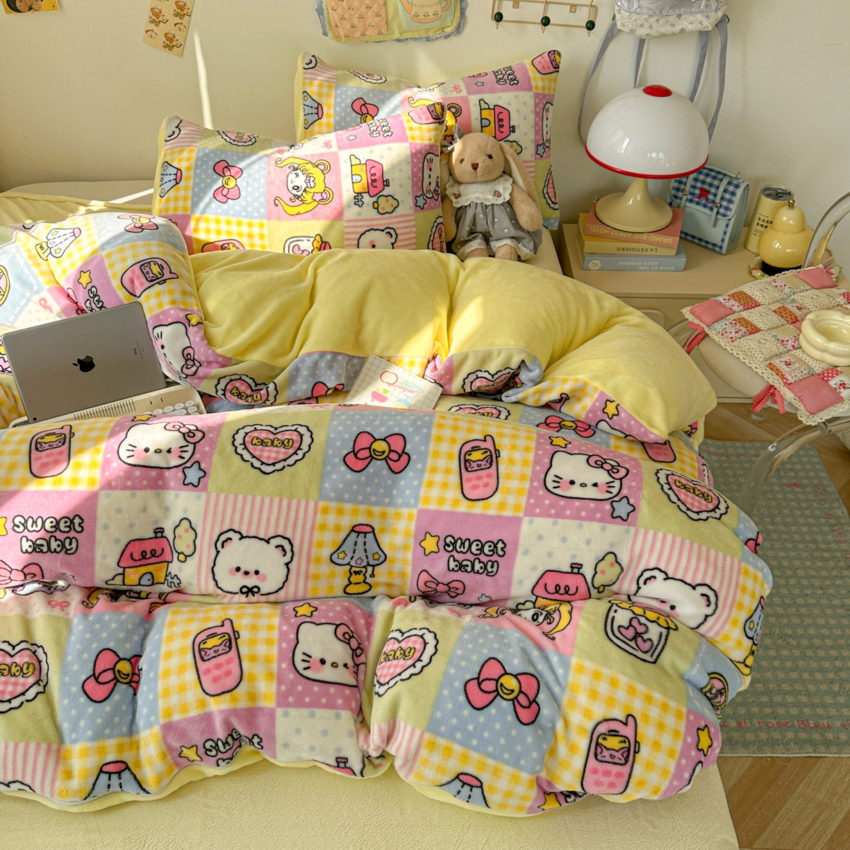 91家纺网 家纺一手货源 找家纺 韩巢家纺 2025新款双面高克重牛奶绒被套单件被罩 少女心