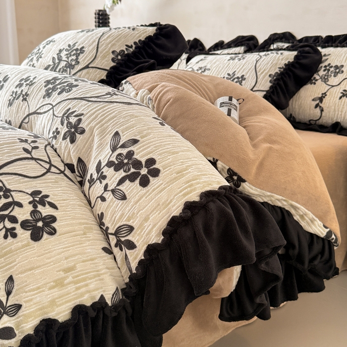 米莱家纺 2025新款牛奶绒烂花法式花边四件套 米兰