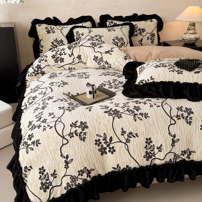 91家纺网 家纺一手货源 找家纺 米莱家纺 2025新款牛奶绒烂花法式花边四件套 米兰