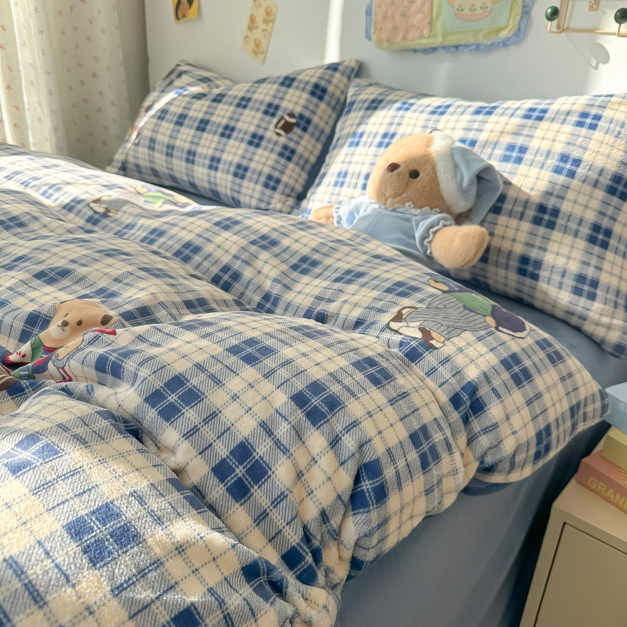 韩巢家纺 2025新款双面高克重牛奶绒被套单件被罩 蓝格英伦熊