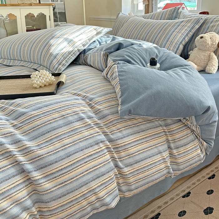 91家纺网 家纺一手货源 找家纺 优选直播新款全棉磨毛喷气印花四件套加厚纯棉三件套（一字绣工艺款）学生三件套 蓝漾