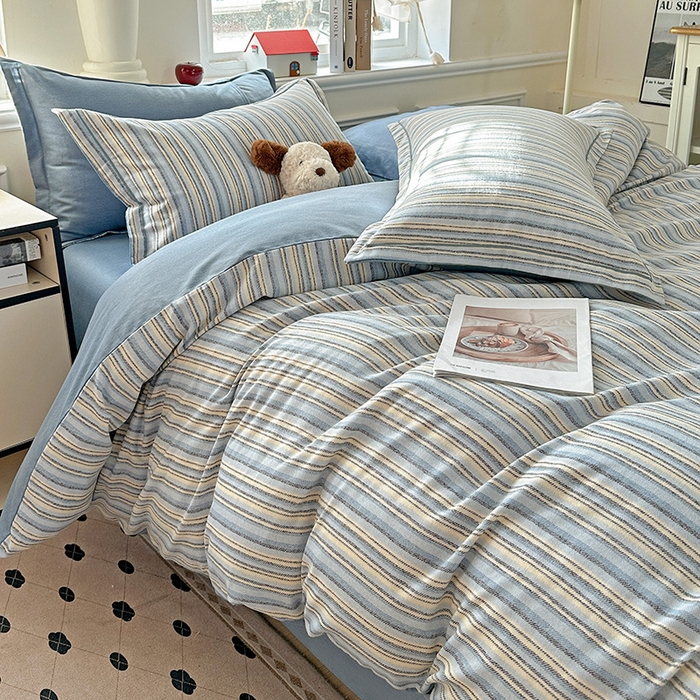 91家纺网 家纺一手货源 找家纺 优选直播新款全棉磨毛喷气印花四件套加厚纯棉三件套（一字绣工艺款）学生三件套 蓝漾