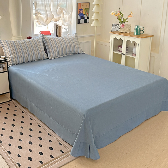 91家纺网 家纺一手货源 找家纺 优选直播新款全棉磨毛喷气印花四件套加厚纯棉三件套（一字绣工艺款）学生三件套 蓝漾