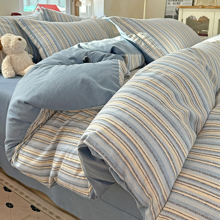 91家纺网 家纺一手货源 找家纺 优选直播新款全棉磨毛喷气印花四件套加厚纯棉三件套（一字绣工艺款）学生三件套 蓝漾