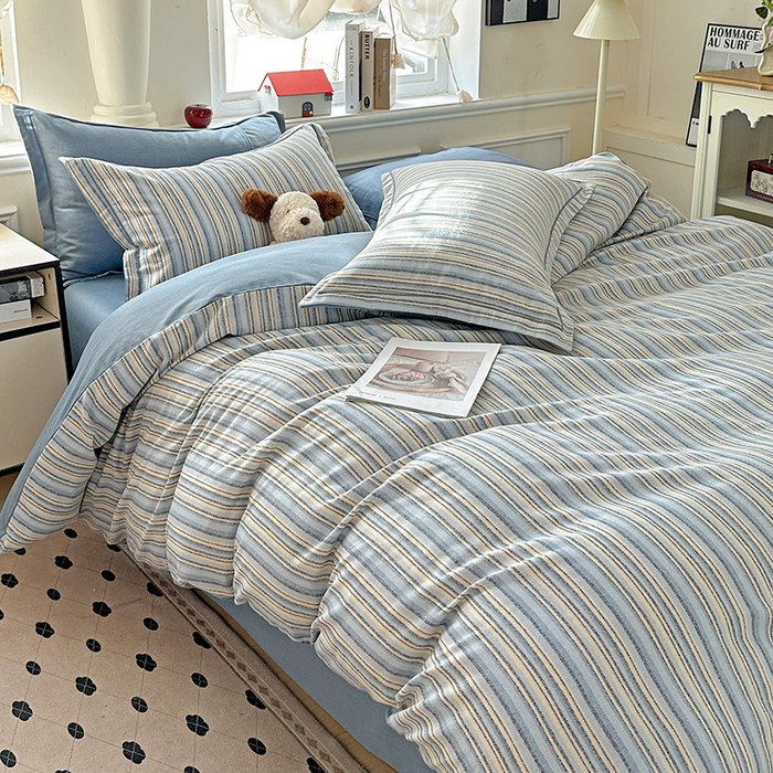 91家纺网 家纺一手货源 找家纺 优选直播新款全棉磨毛喷气印花四件套加厚纯棉三件套（一字绣工艺款）学生三件套 蓝漾