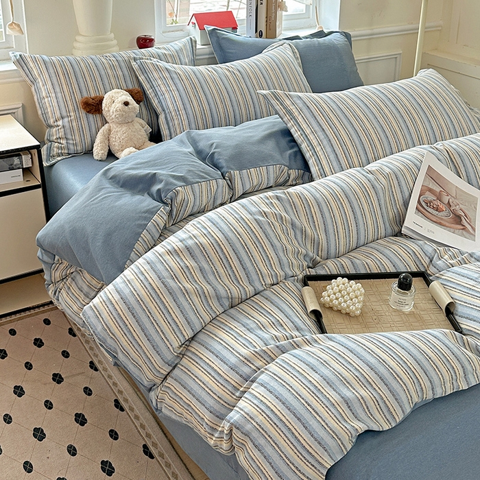 91家纺网 家纺一手货源 找家纺 优选直播新款全棉磨毛喷气印花四件套加厚纯棉三件套（一字绣工艺款）学生三件套 蓝漾