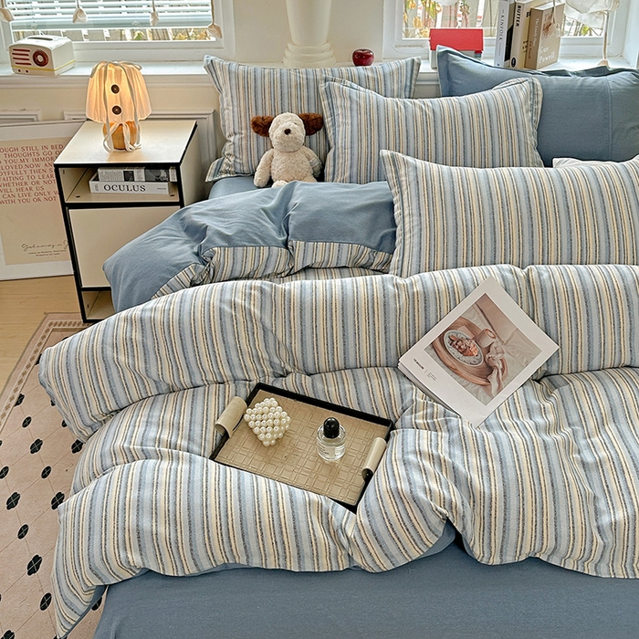 91家纺网 家纺一手货源 找家纺 优选直播新款全棉磨毛喷气印花四件套加厚纯棉三件套（一字绣工艺款）学生三件套 蓝漾