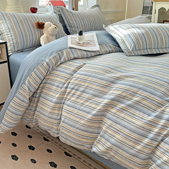 91家纺网 家纺一手货源 找家纺 优选直播新款全棉磨毛喷气印花四件套加厚纯棉三件套（一字绣工艺款）学生三件套 蓝漾