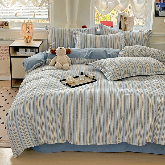 91家纺网 家纺一手货源 找家纺 优选直播新款全棉磨毛喷气印花四件套加厚纯棉三件套（一字绣工艺款）学生三件套 蓝漾