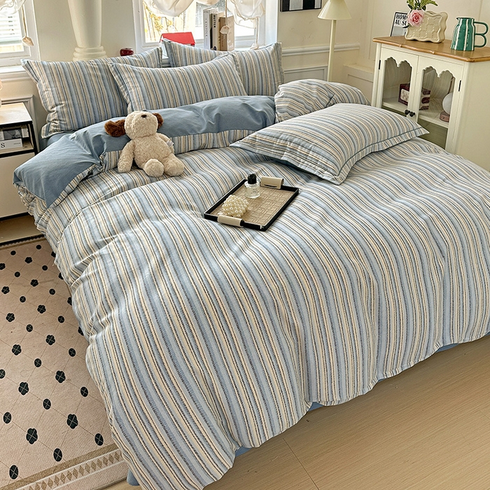 91家纺网 家纺一手货源 找家纺 优选直播新款全棉磨毛喷气印花四件套加厚纯棉三件套（一字绣工艺款）学生三件套 蓝漾