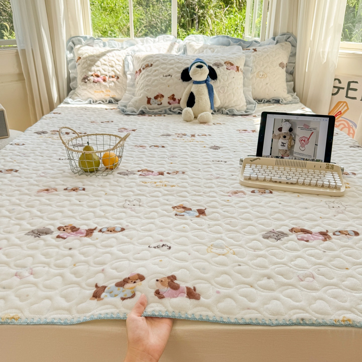 禧缘家纺（原梦想家） 2025新款牛奶绒三角针绑带款夹棉床笠床单 狗狗岛屿-绑带款