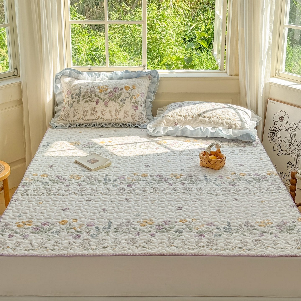 91家纺网 家纺一手货源 找家纺 禧缘家纺（原梦想家） 2025新款牛奶绒三角针绑带款夹棉床笠床单 蓝铃风语-绑带款