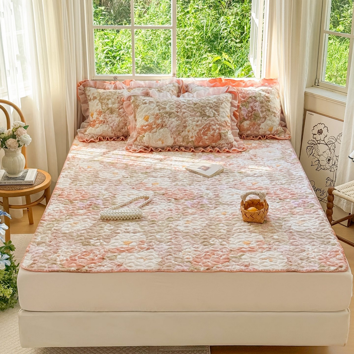 91家纺网 家纺一手货源 找家纺 禧缘家纺（原梦想家） 2025新款牛奶绒三角针绑带款夹棉床笠床单 浪漫花开-绑带款