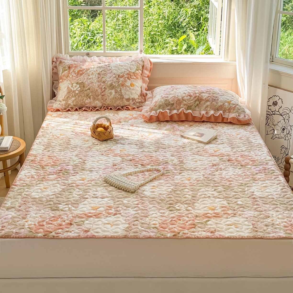 91家纺网 家纺一手货源 找家纺 禧缘家纺（原梦想家） 2025新款牛奶绒三角针绑带款夹棉床笠床单 浪漫花开-绑带款