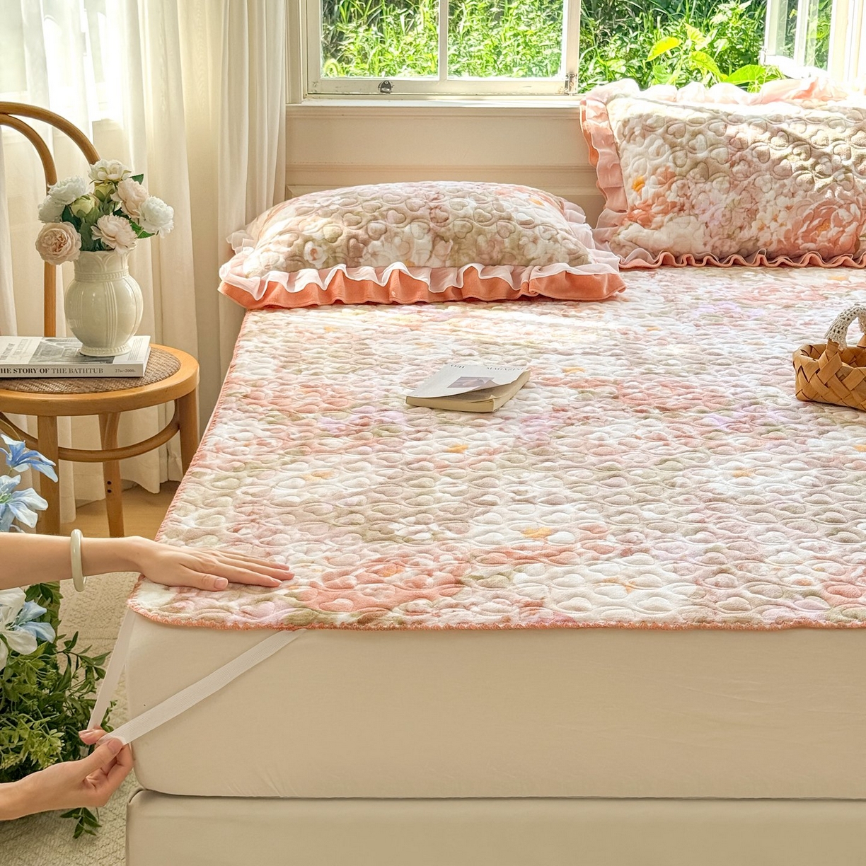 91家纺网 家纺一手货源 找家纺 禧缘家纺（原梦想家） 2025新款牛奶绒三角针绑带款夹棉床笠床单 浪漫花开-绑带款