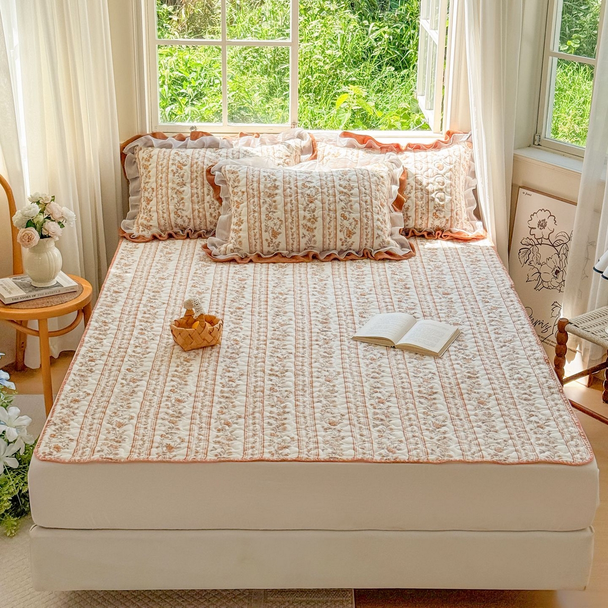 91家纺网 家纺一手货源 找家纺 禧缘家纺（原梦想家） 2025新款牛奶绒三角针绑带款夹棉床笠床单 落日云舒-绑带款