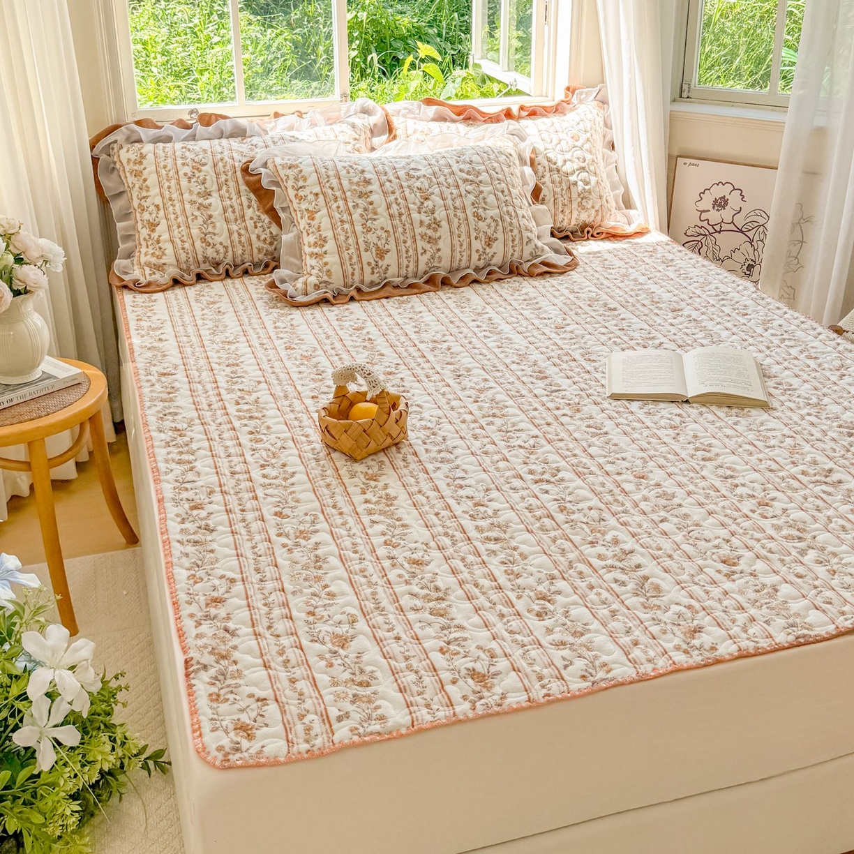 91家纺网 家纺一手货源 找家纺 禧缘家纺（原梦想家） 2025新款牛奶绒三角针绑带款夹棉床笠床单 落日云舒-绑带款