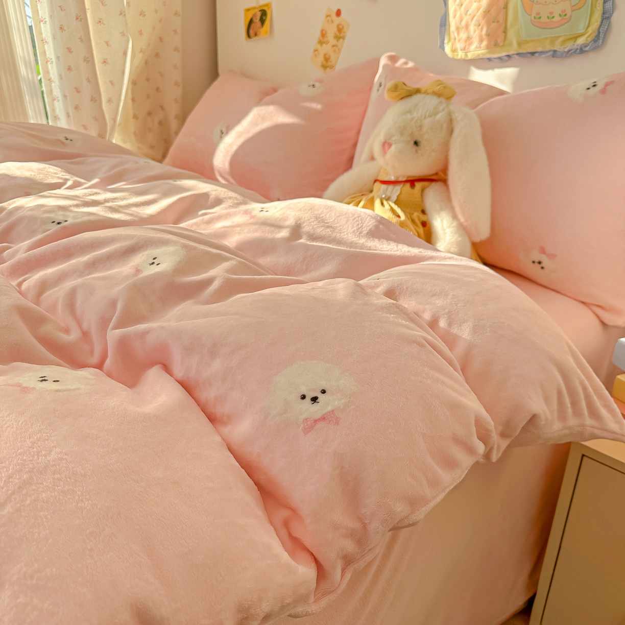韩巢家纺 2025新款双面高克重牛奶绒被套单件被罩 绒绒小狗-粉