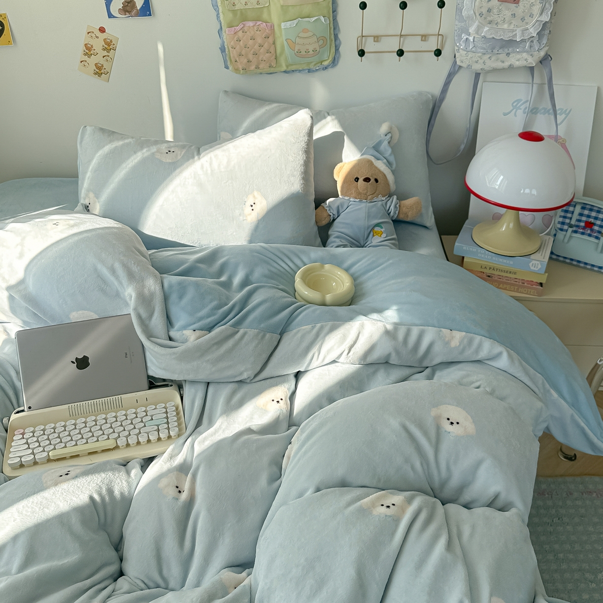 91家纺网 家纺一手货源 找家纺 韩巢家纺 2025新款双面高克重牛奶绒被套单件被罩 绒绒小狗-蓝