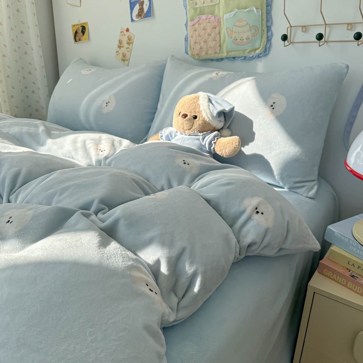 91家纺网 家纺一手货源 找家纺 韩巢家纺 2025新款双面高克重牛奶绒被套单件被罩 绒绒小狗-蓝