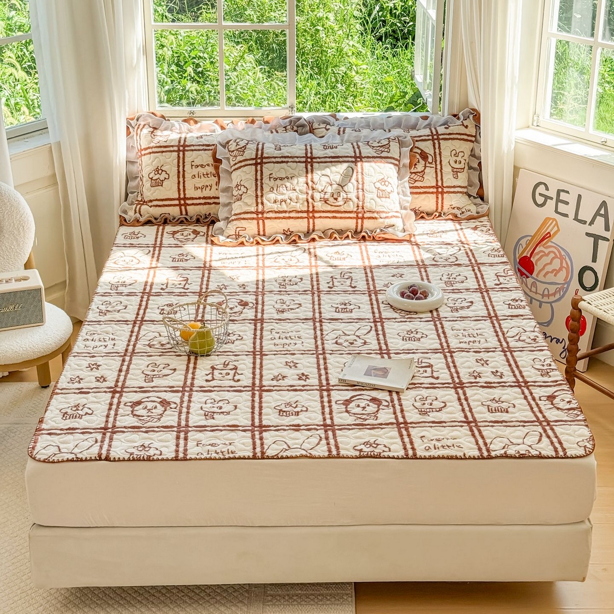 91家纺网 家纺一手货源 找家纺 禧缘家纺（原梦想家） 2025新款牛奶绒三角针绑带款夹棉床笠床单 摩卡小镇-绑带款