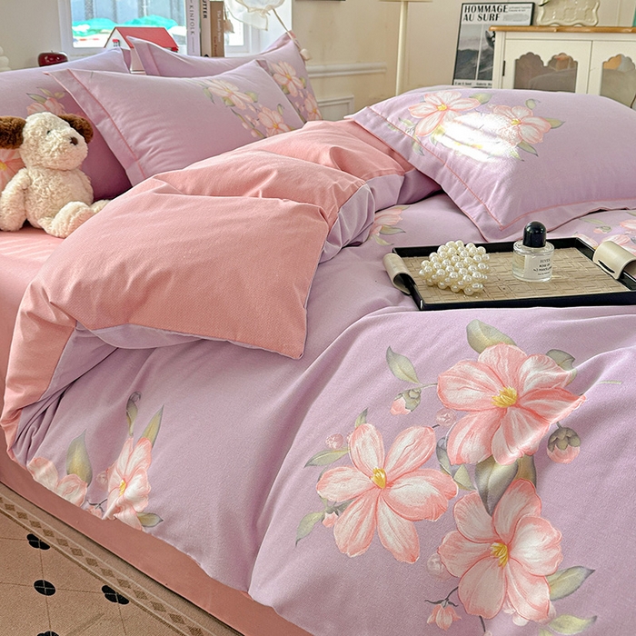 91家纺网 家纺一手货源 找家纺 优选直播新款全棉磨毛喷气印花四件套加厚纯棉三件套（一字绣工艺款）学生三件套 紫韵